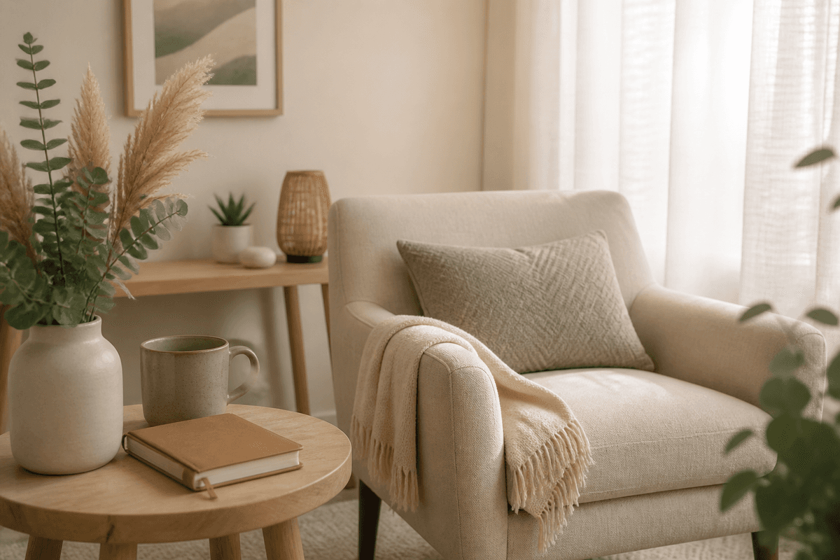 A calm therapy room with a cream armchair, journal, and sage-toned decor